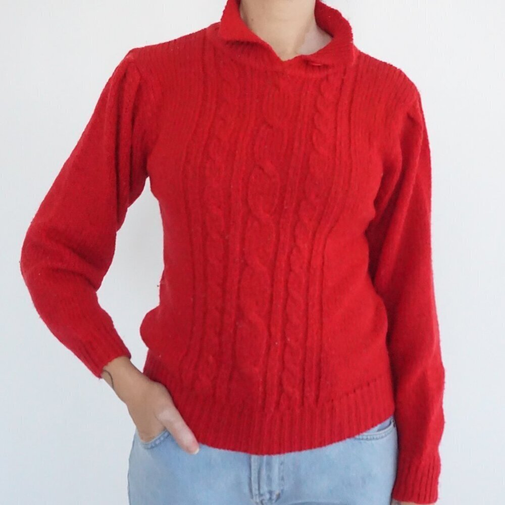 Vintage Prestige Global Red Cable Knit Button Collar Preppy Knit Sweater S